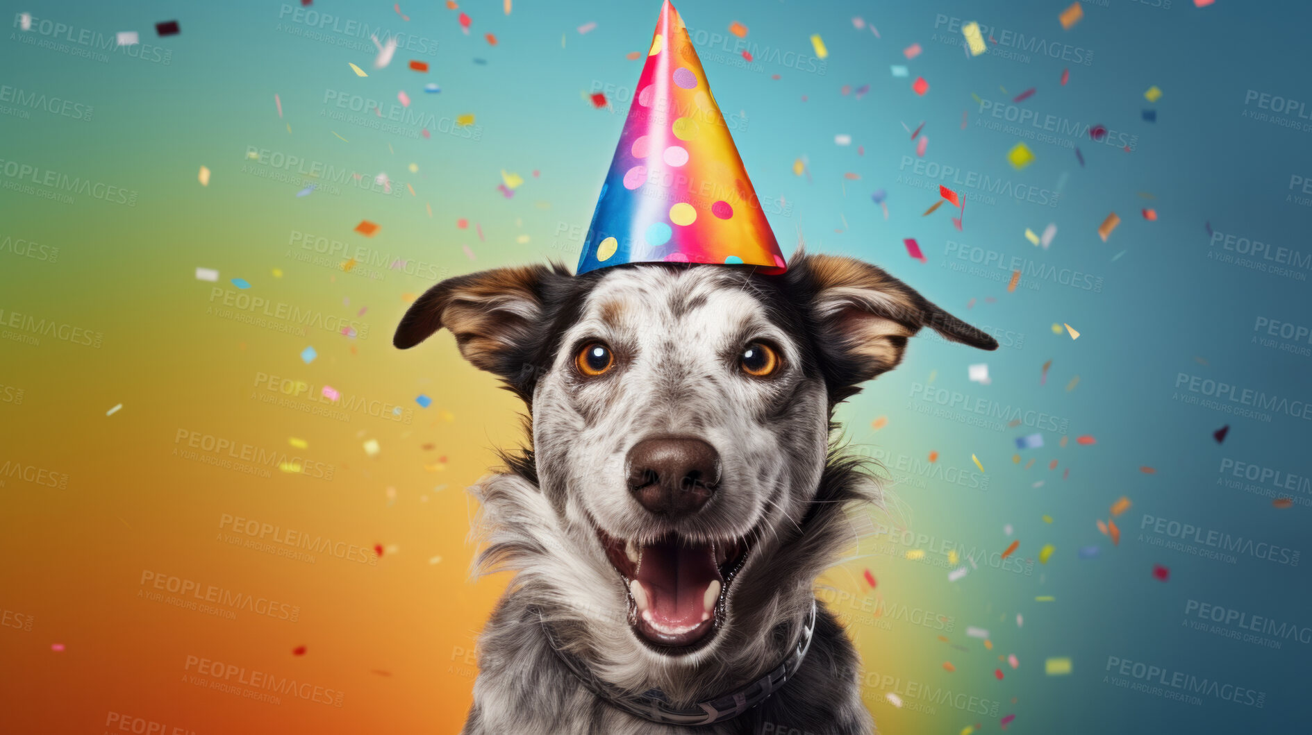 Buy stock photo Portrait of a cute dog wearing a party hat for birthday celebration