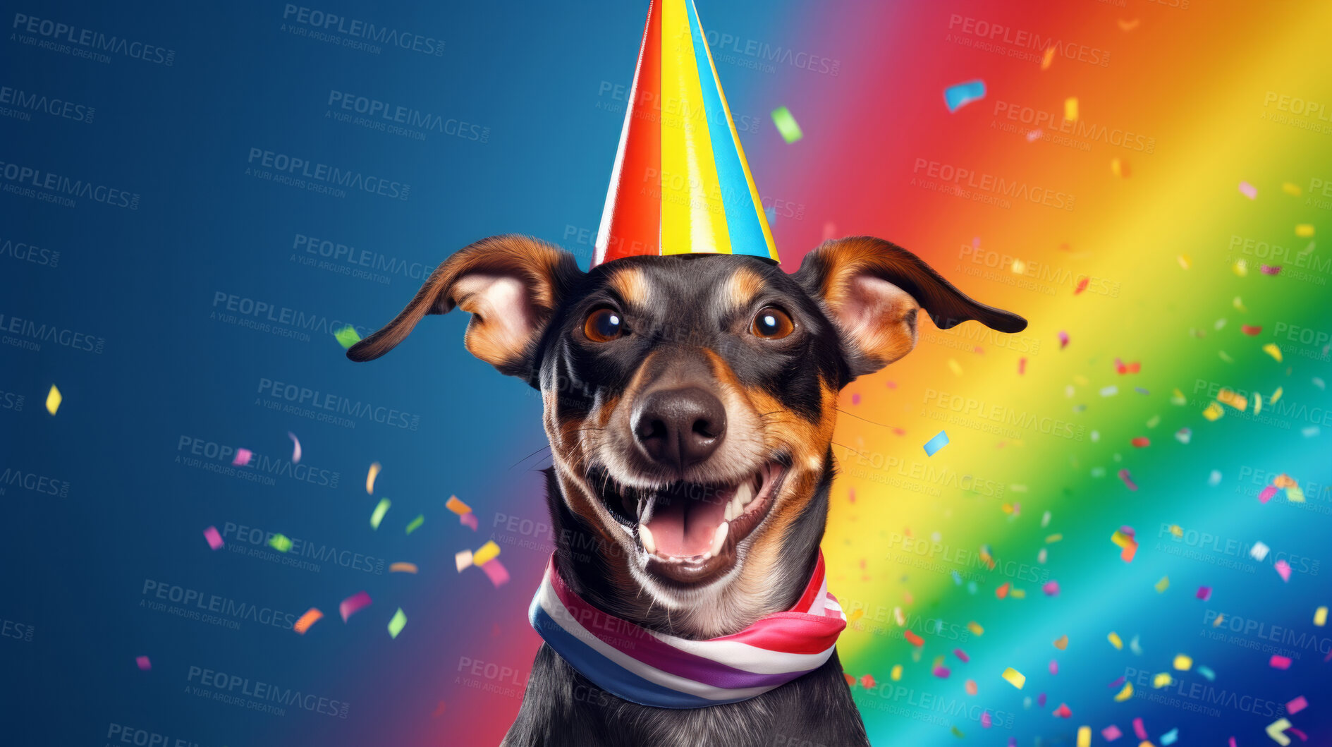 Buy stock photo Portrait of a cute dog wearing a party hat for birthday celebration