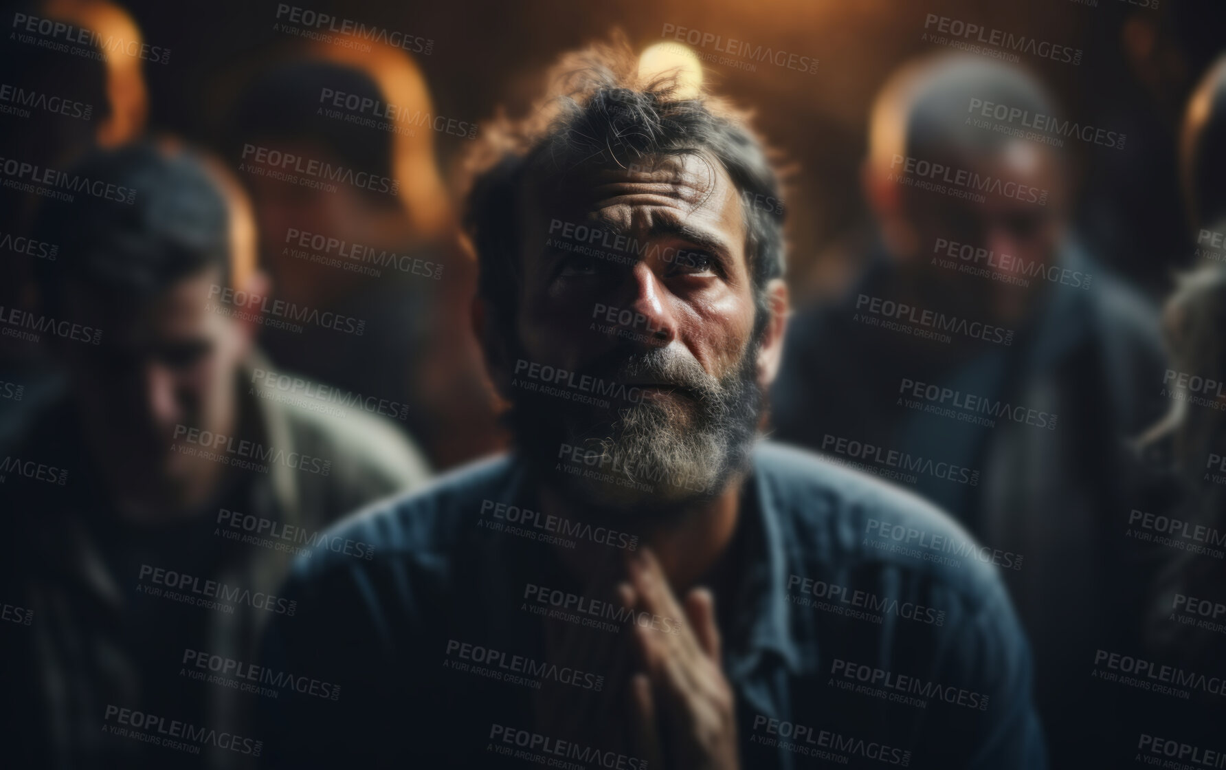 Buy stock photo Mature man praying to God in room with others in background. Religious concept.