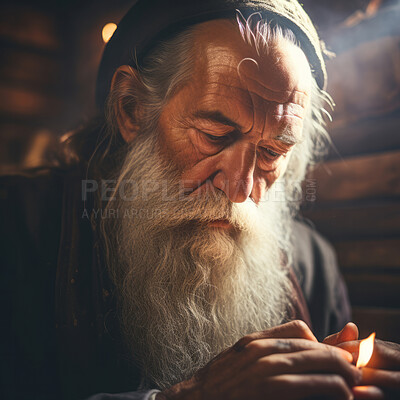 Close up of Senior religious man praying to God in room. Religious concept.