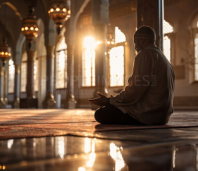 Muslim man praying in mosque at sunset. Spiritual connection with God. Religion concept.