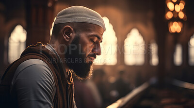 Buy stock photo Muslim man praying in mosque at sunset. Spiritual connection with God. Religion concept.