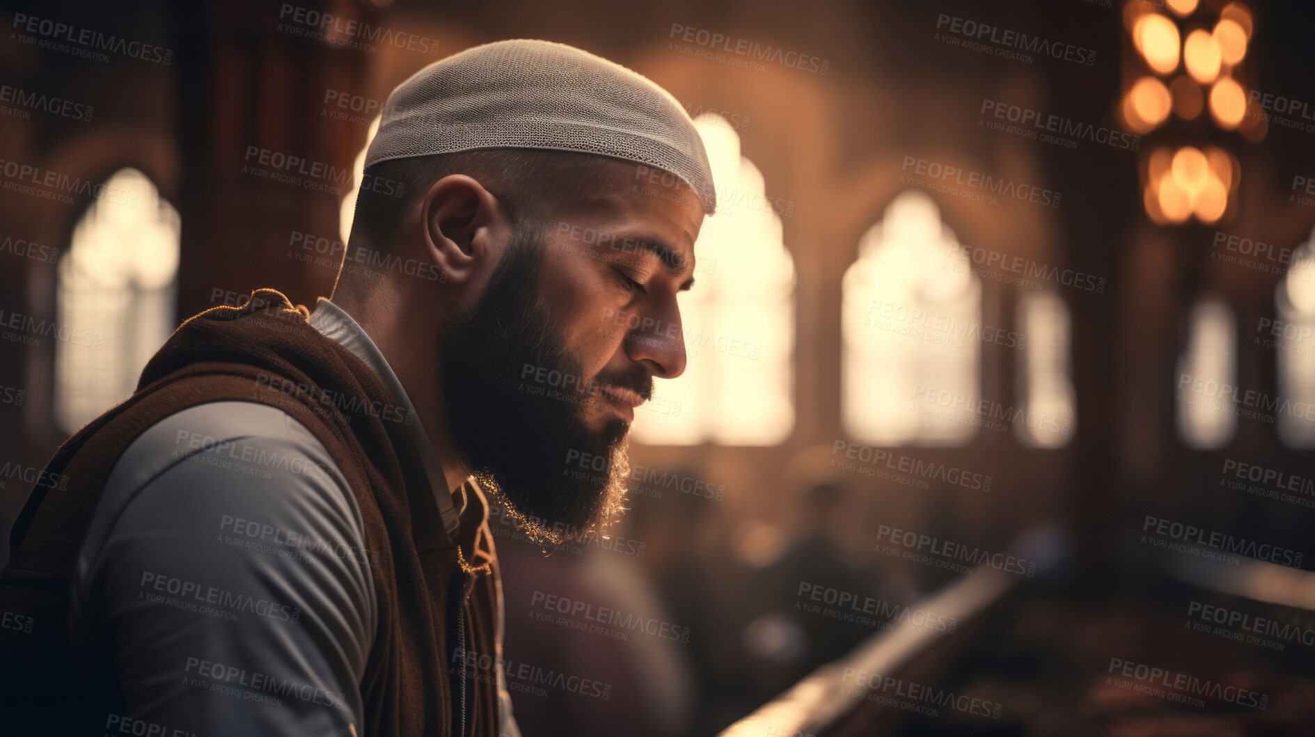 Buy stock photo Muslim man praying in mosque at sunset. Spiritual connection with God. Religion concept.