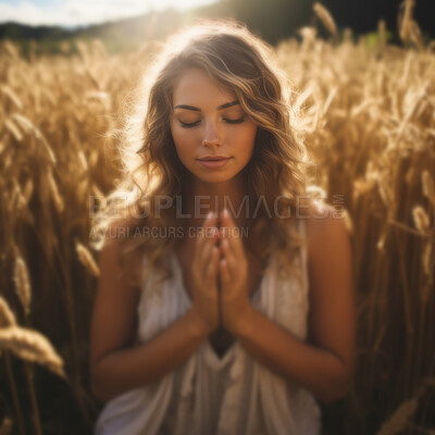 A woman prays against the backdrop of tall grass. Sunset, peaceful, nature. Religion concept.