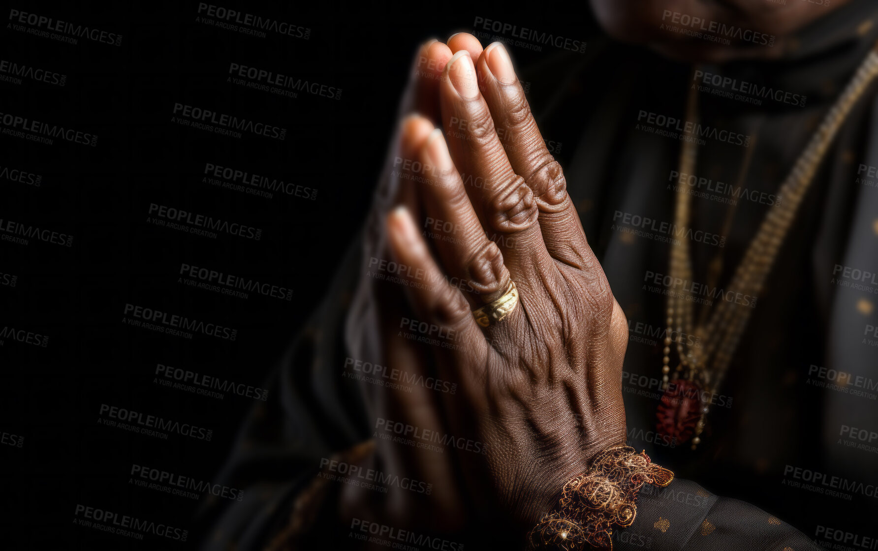 Buy stock photo Close up of praying hands. Senior person hands folded in prayer. Religion concept.