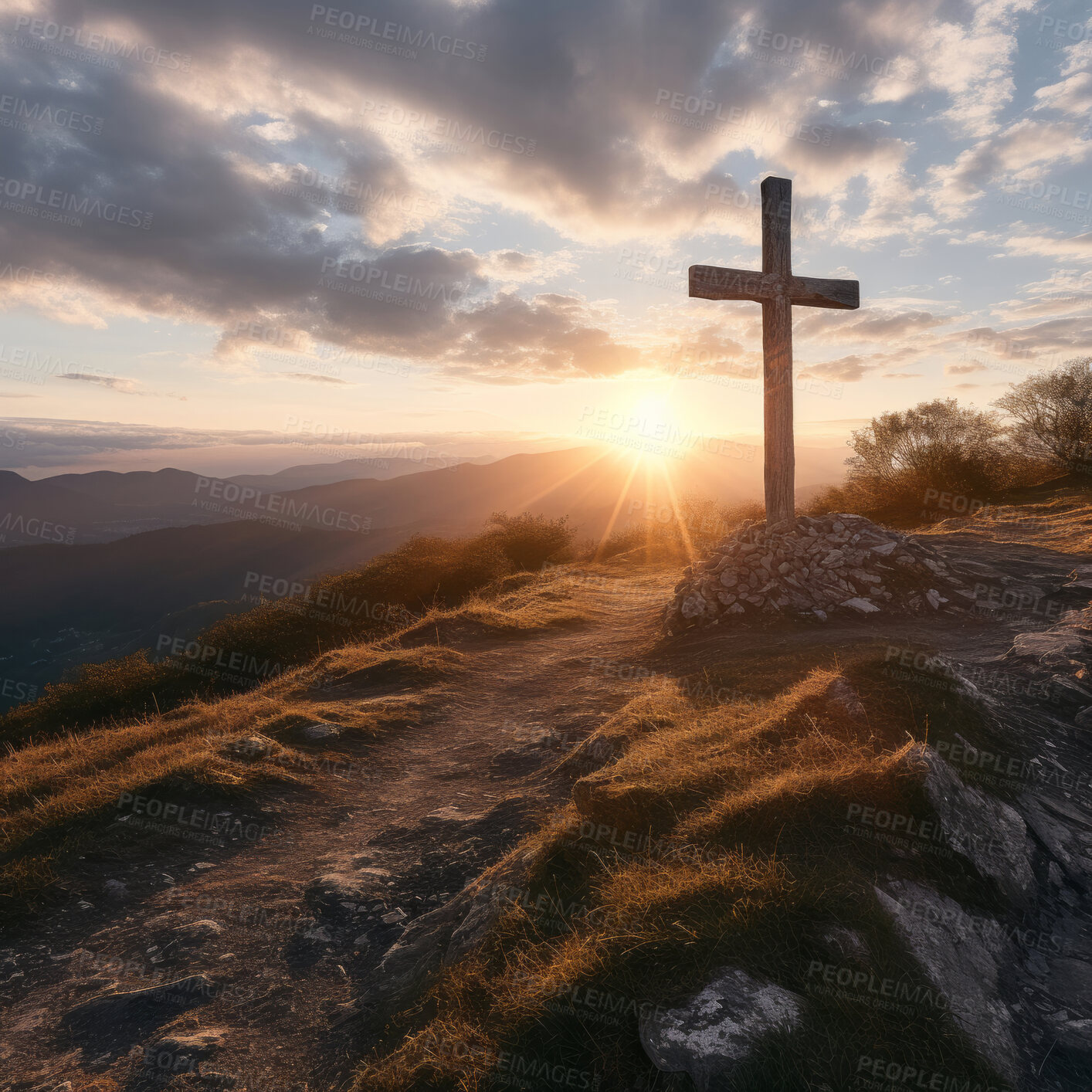 Buy stock photo Silhouette of christian cross on a hill. Sunset, golden hour. Religion concept.