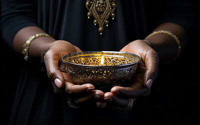 Buy stock photo Close-up of woman holding bowl with candle inside. Religion concept.