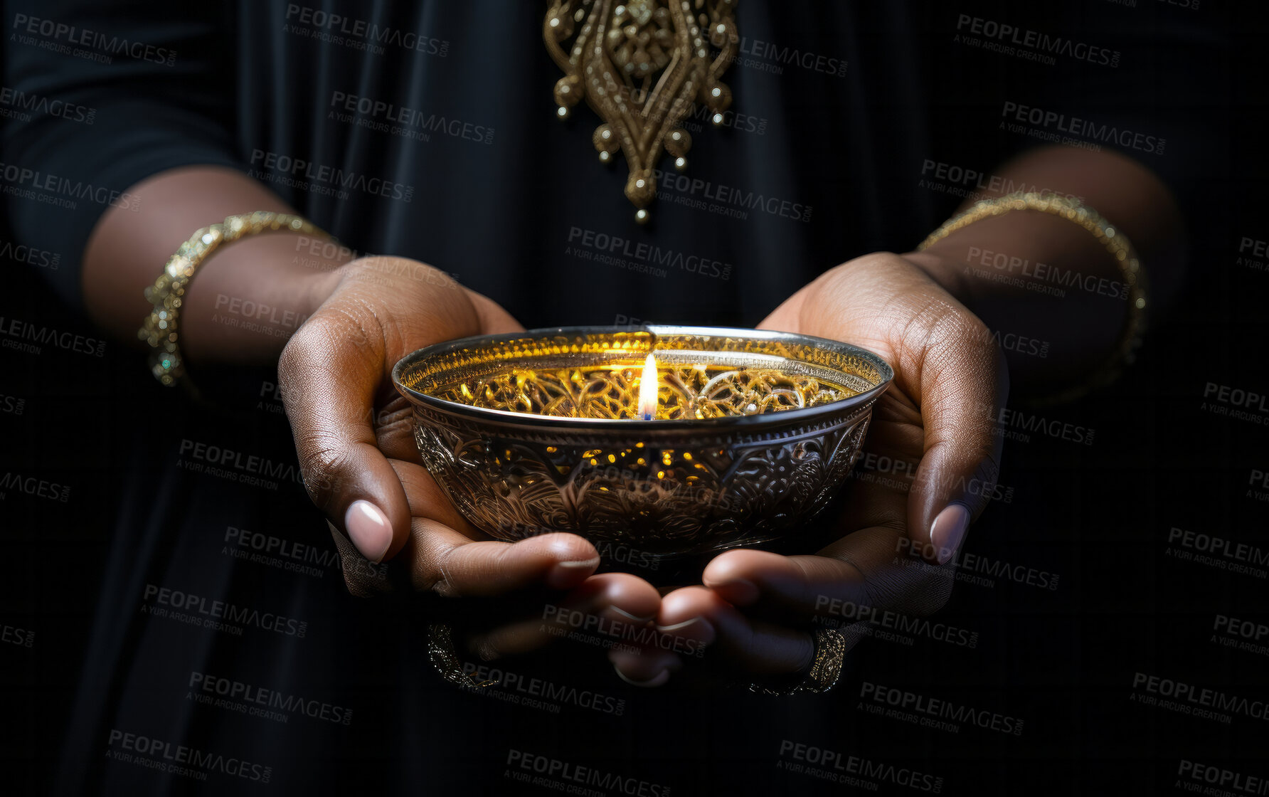 Buy stock photo Close-up of woman holding bowl with candle inside. Religion concept.