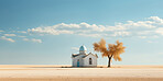 Wide angle view of mosque in remote desert. Religion concept.