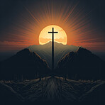 Graphic illustration of cross and bible in front of setting sun. Religion  concept.  Buy Stock Photo on PeopleImages, Picture And Royalty Free Image.  Pic 2923498 - PeopleImages