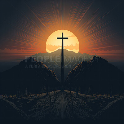Graphic illustration of cross in front of setting sun. Religion concept.