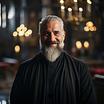 Portrait of senior priest smiling in church. Religion concept.