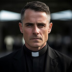 Close up portrait of senior priest. Wearing clergy collar.  Serious face. Religion concept.