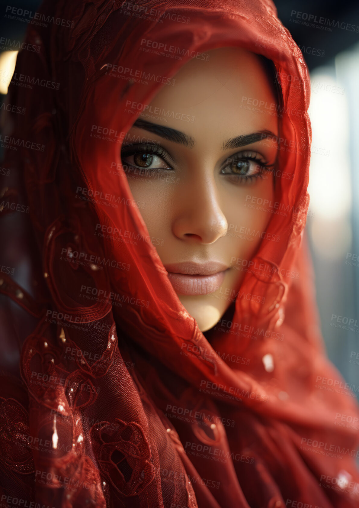 Buy stock photo Close up. Muslim, Arab Saudi emirates woman, Portrait, Religion concept.