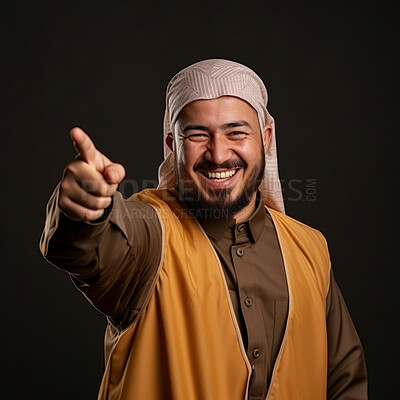 Buy stock photo Happy muslim man, smiling and pointing on clear backdrop. Religion concept.