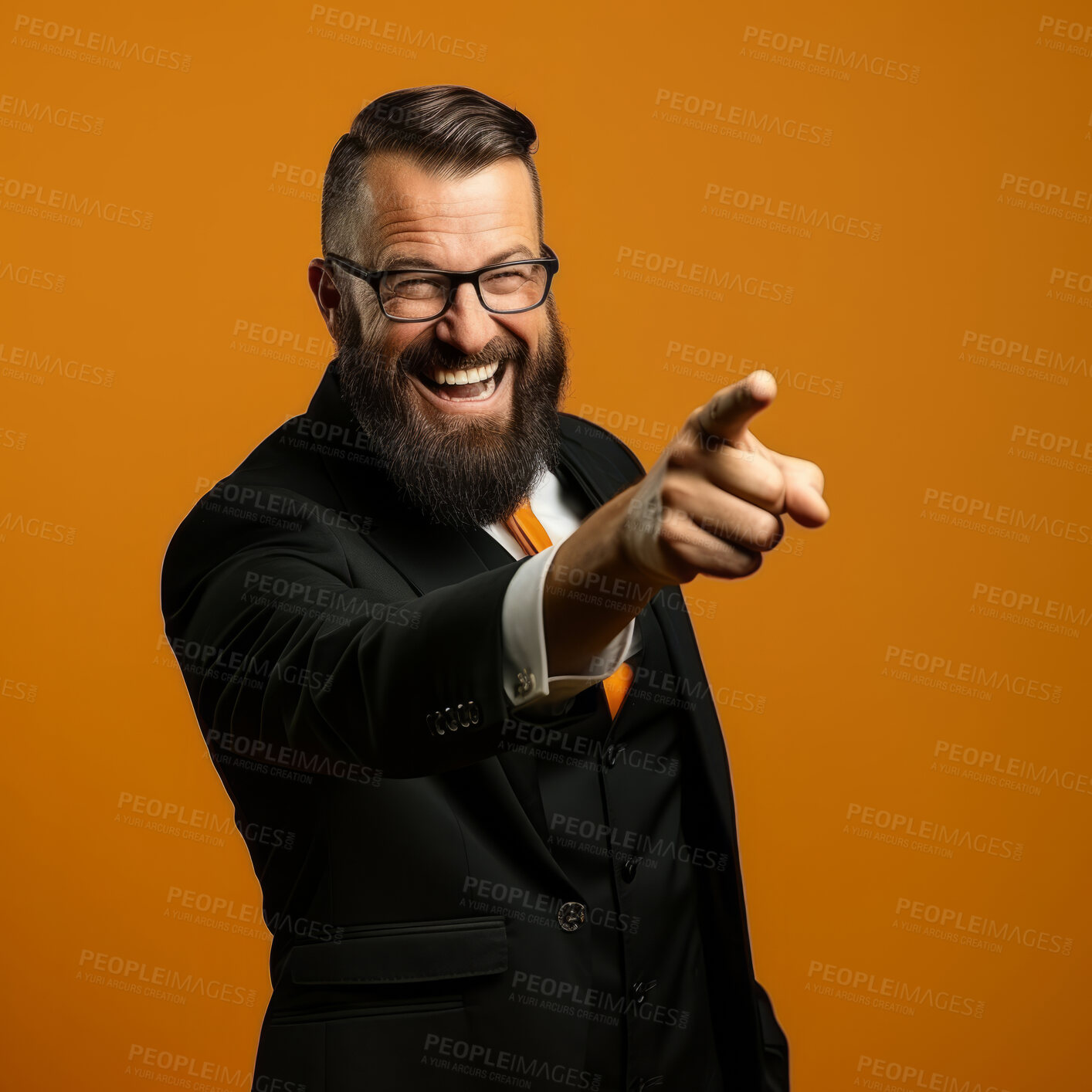 Buy stock photo Happy preacher, smiling and pointing on clear backdrop. Religion concept.