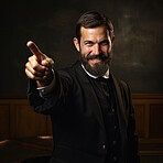 Happy preacher, smiling and pointing on clear backdrop. Religion concept.