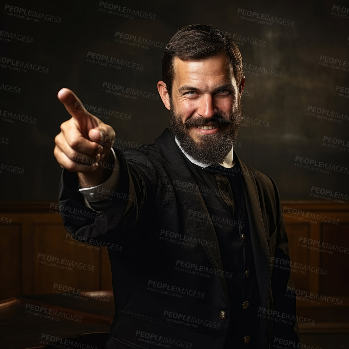 Buy stock photo Happy preacher, smiling and pointing on clear backdrop. Religion concept.