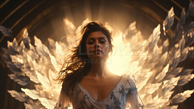 Woman with angel wings in church. Mystical, bright sunlight. Religion concept.