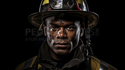Buy stock photo Portrait of firefighter on dark background. Search and rescue safety concept