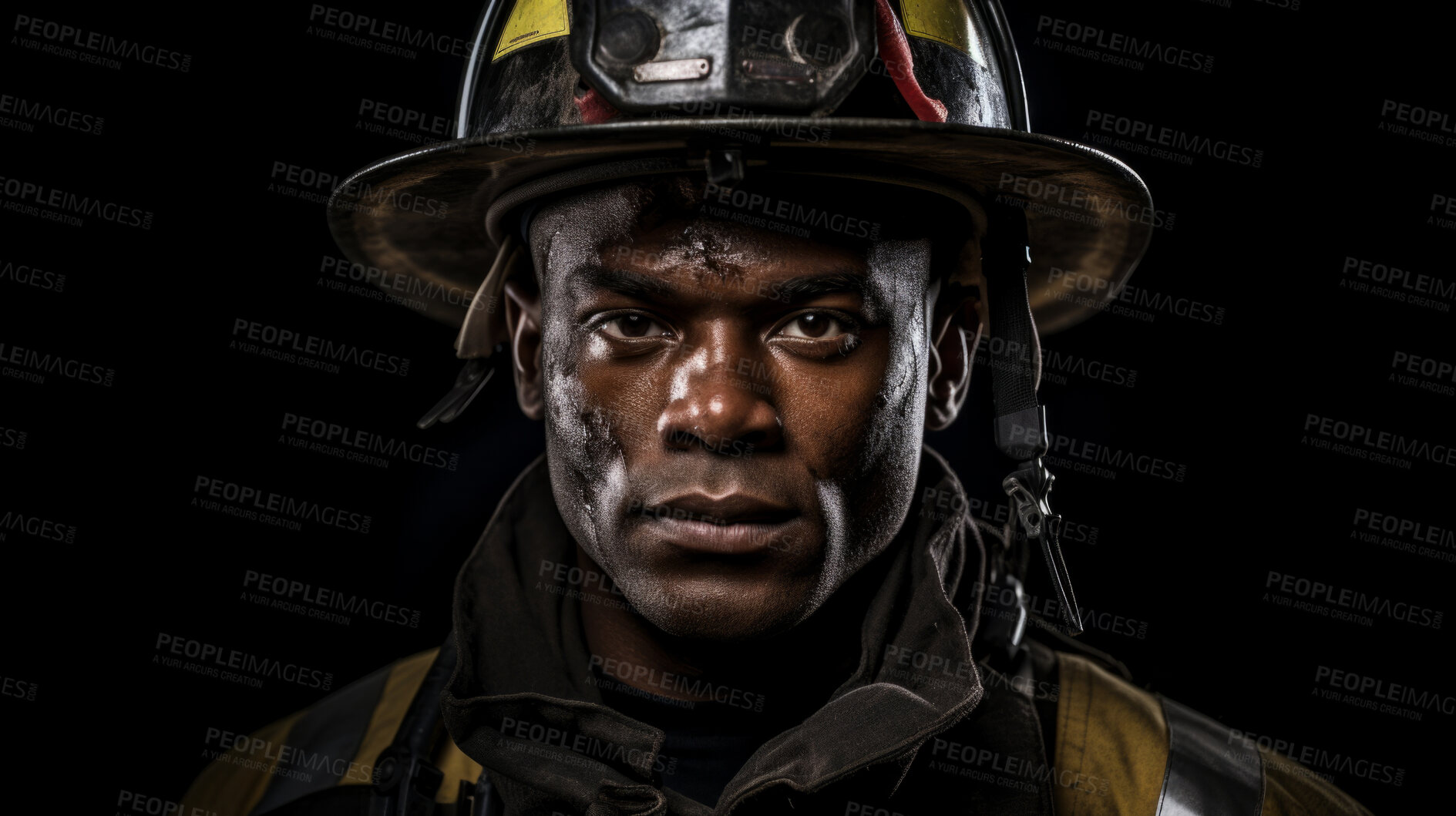 Buy stock photo Portrait of firefighter on dark background. Search and rescue safety concept