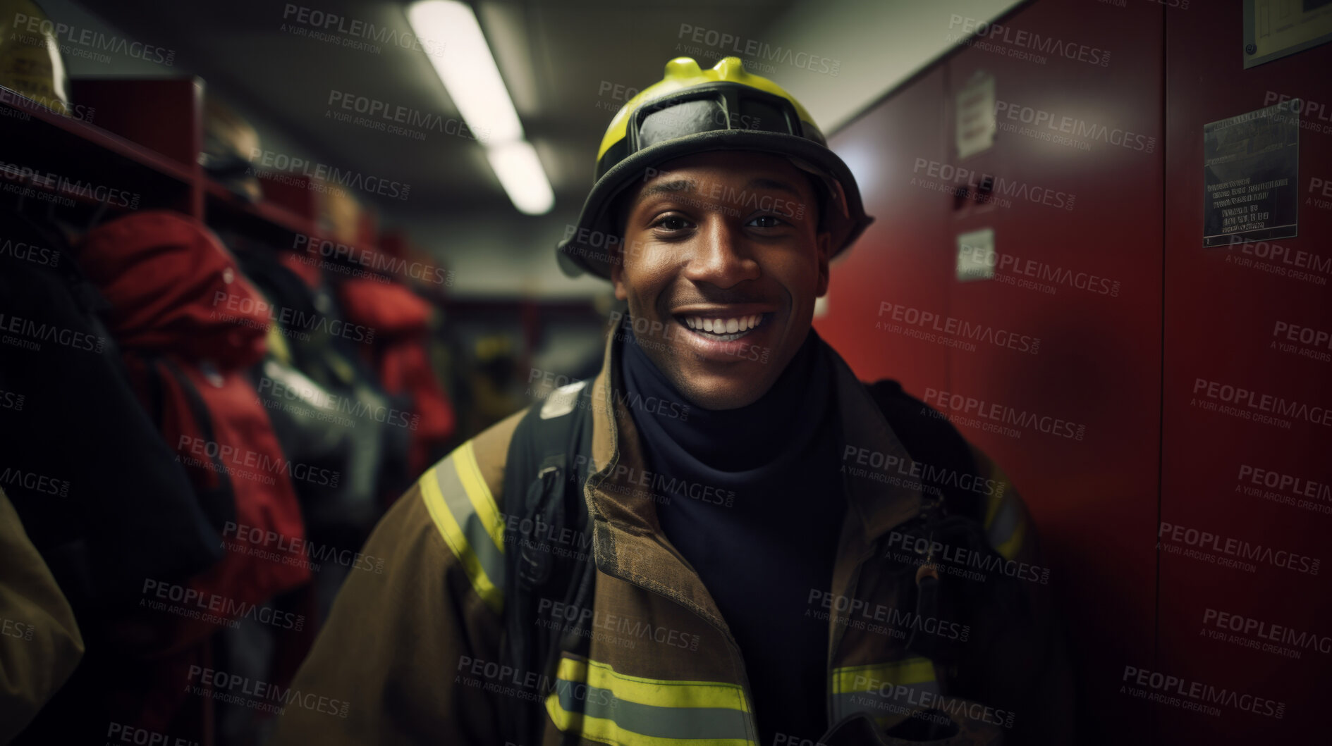 Buy stock photo Portrait of black firefighter standing in locker room. Search and rescue safety concept