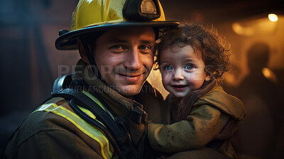 Happy firefighter holding child. Safety, brave rescue, survivor concept