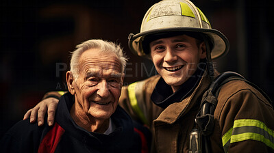Happy firefighter with senior citizen Safety, brave rescue, survivor concept