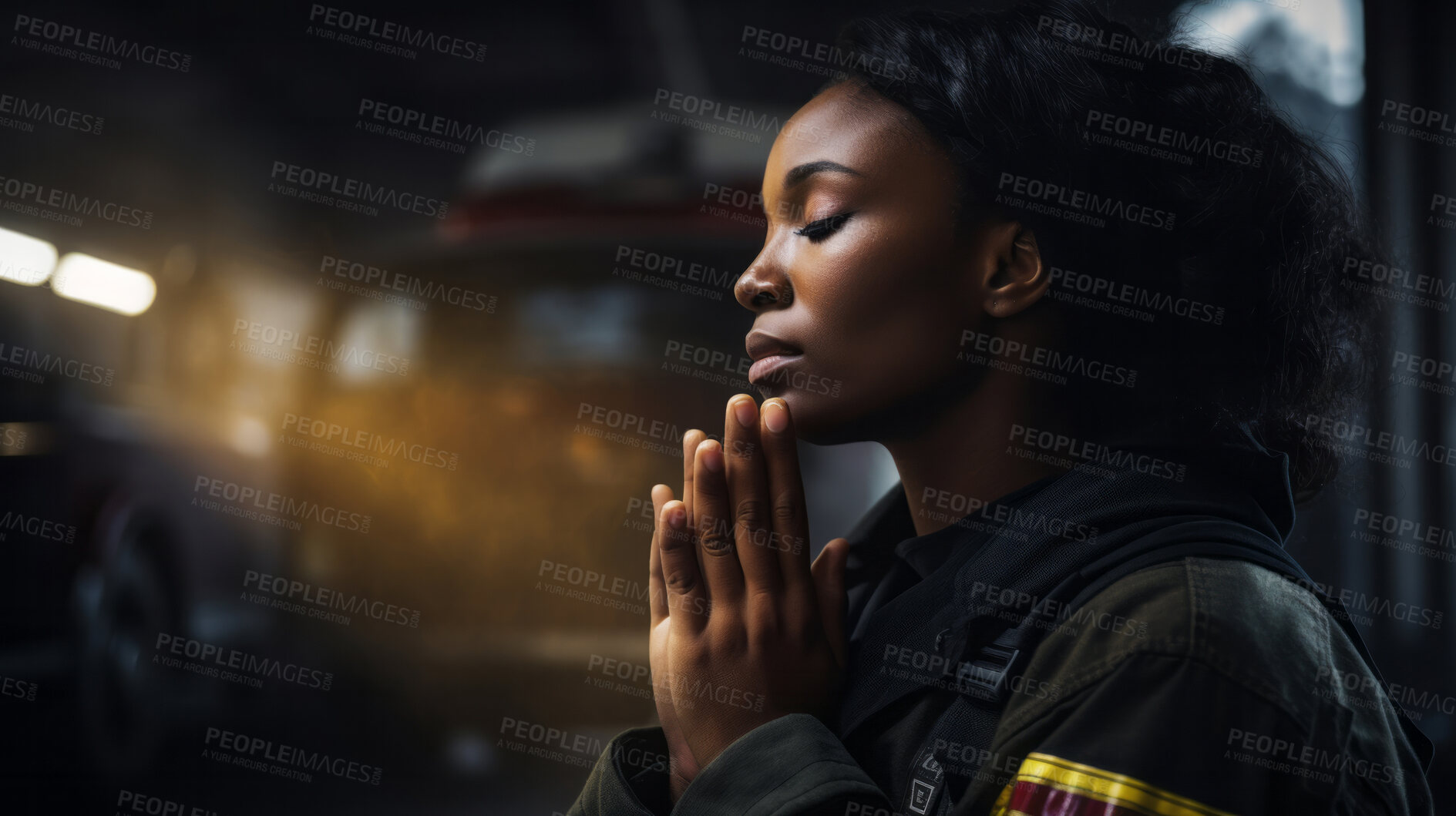 Buy stock photo Firefighter praying. Safety, protection, faith and religion concept