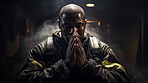 Firefighter praying. Safety, protection, faith and religion concept