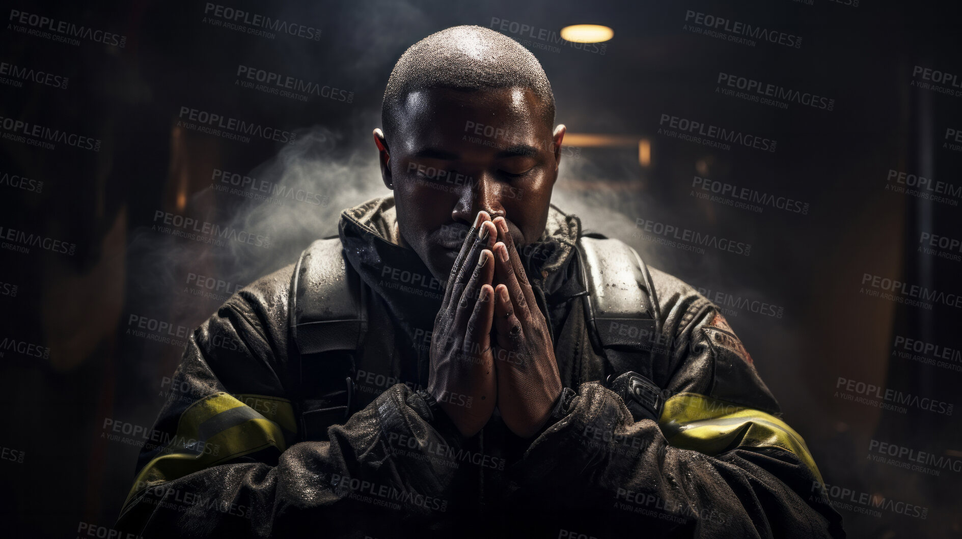 Buy stock photo Firefighter praying. Safety, protection, faith and religion concept