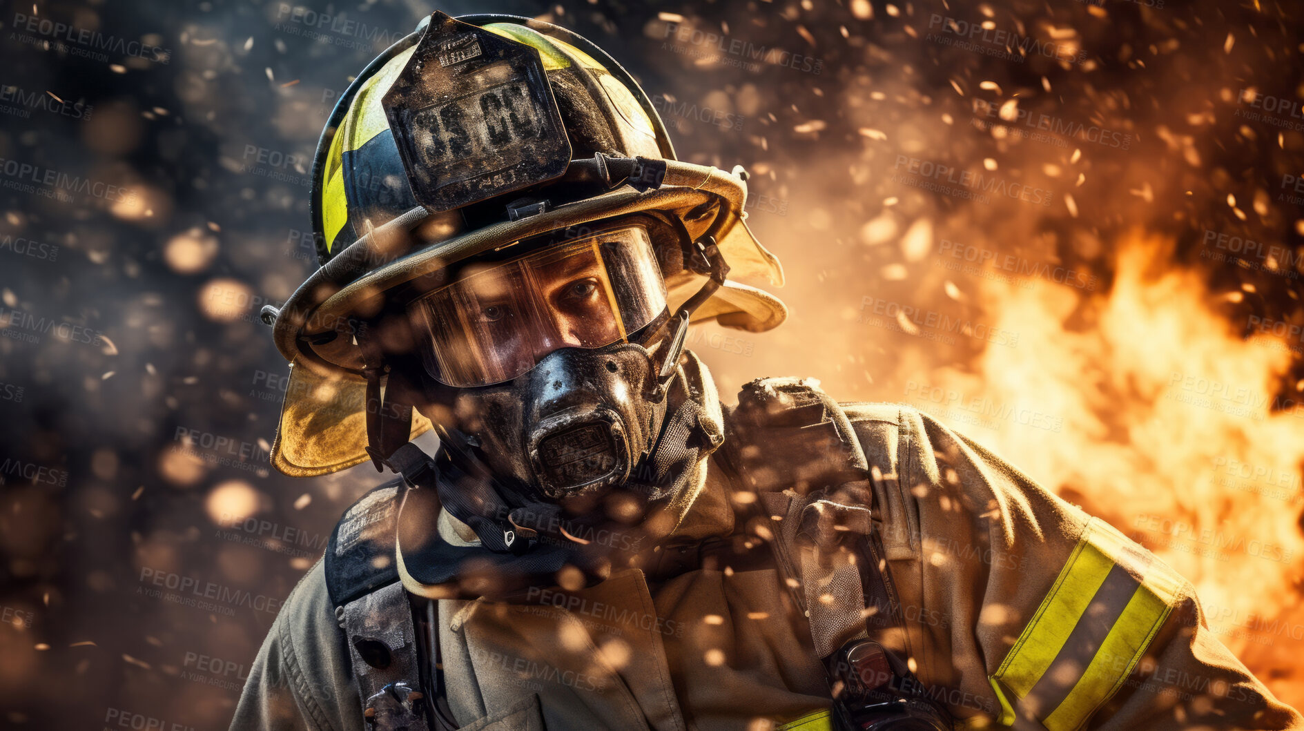 Buy stock photo Firefighter in mask with fire in background. Safety, protection, and disaster management concept