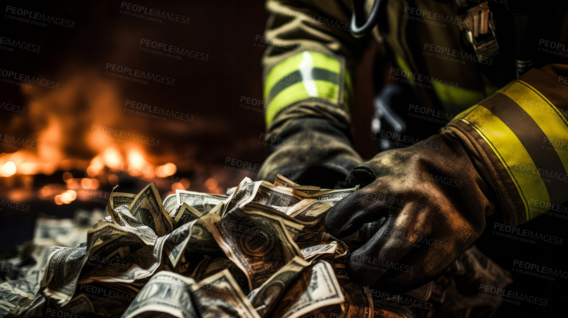 Buy stock photo Firefighter hands taking money from pile with fire in background. Bribery payment concept