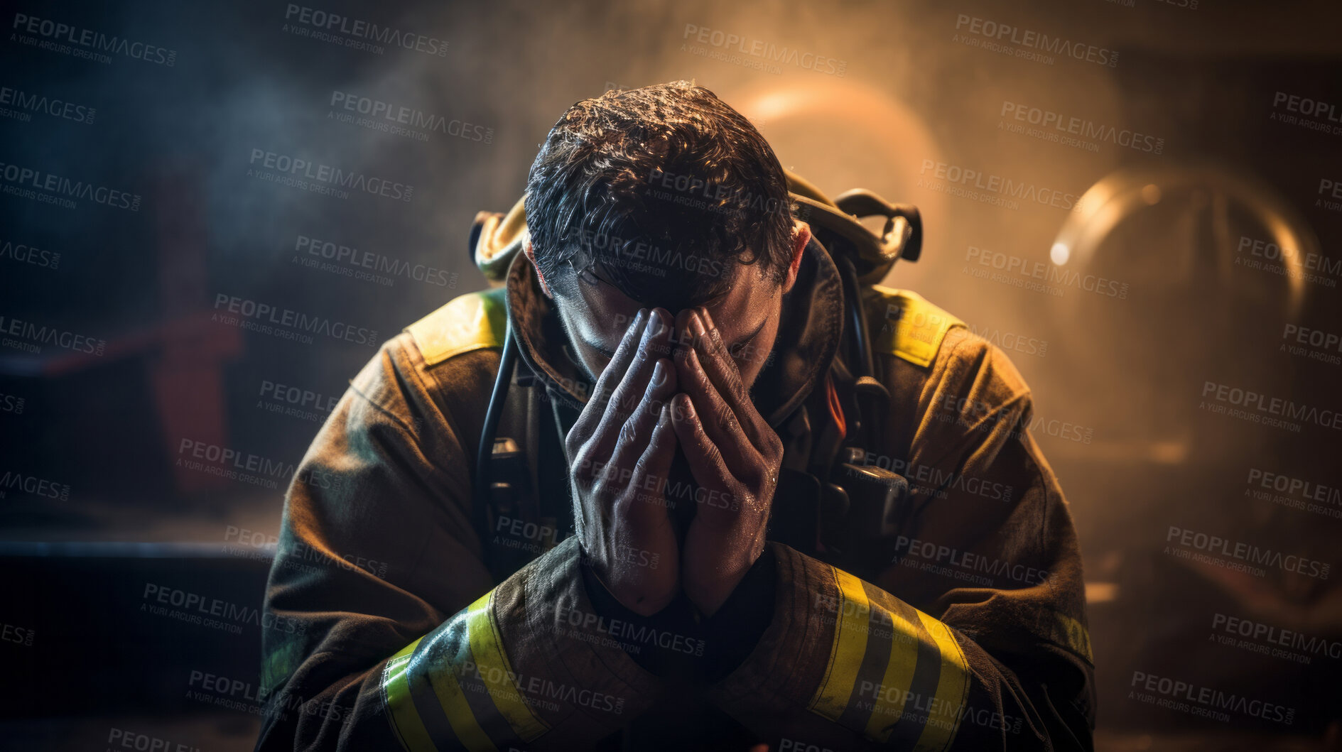 Buy stock photo Firefighter praying. Safety, protection, faith and religion concept