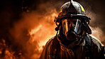 Firefighter in mask with fire in background. Safety, protection, and disaster management concept