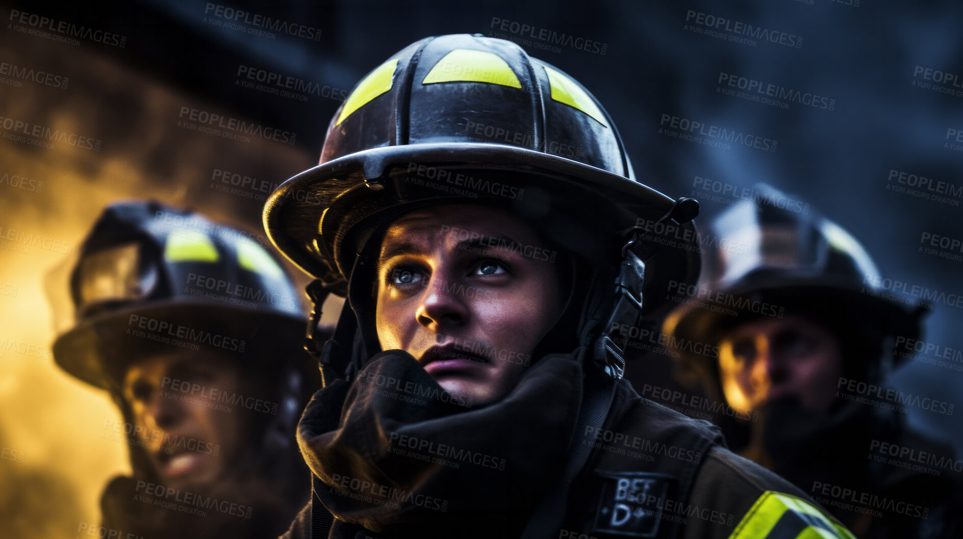 Buy stock photo Group of firefighters after fire. Brave teamwork for fire safety and community protection