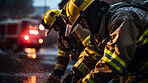 Group of firefighters with water hose. Brave teamwork for fire safety and community protection