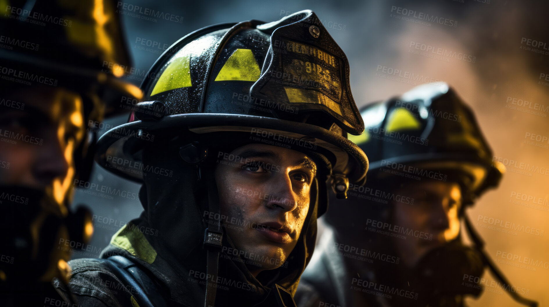 Buy stock photo Group of firefighters after fire. Brave teamwork for fire safety and community protection