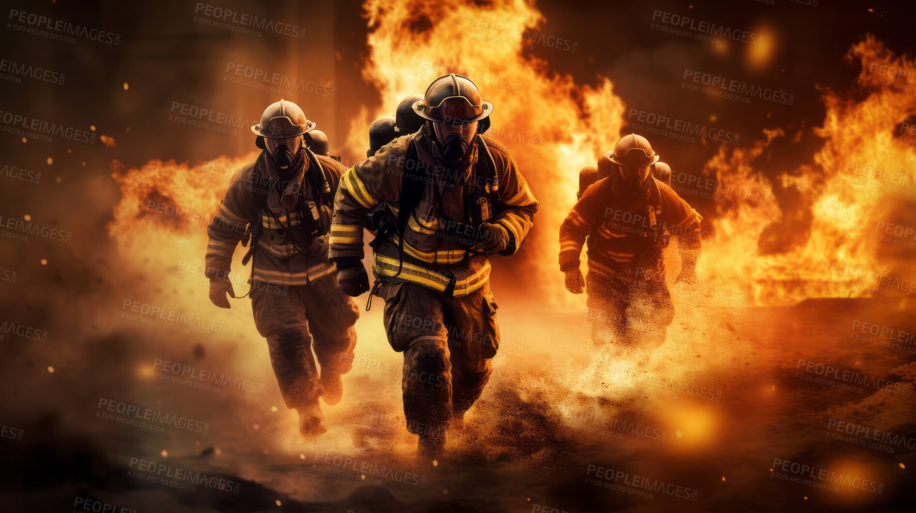 Buy stock photo Firefighters running with fire in background. Safety, protection, and disaster management concept