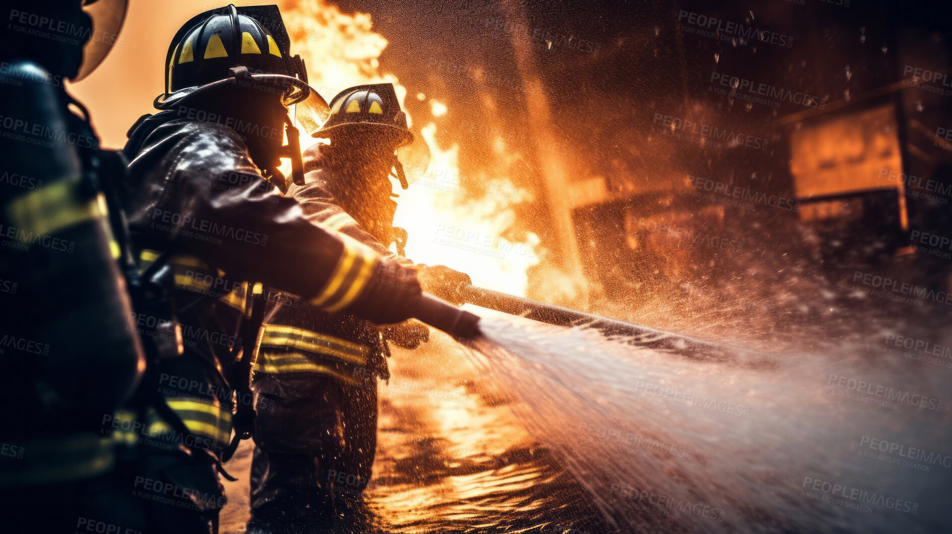 Buy stock photo Group of firefighters with water hose. Brave teamwork for fire safety and community protection