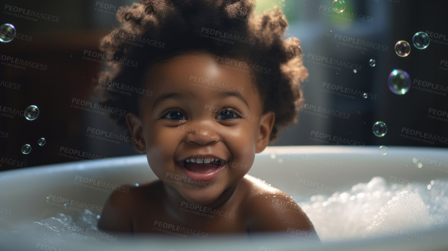 Buy stock photo Smiling toddler bathes in bathtub with foam and bubbles. Happy baby bath time