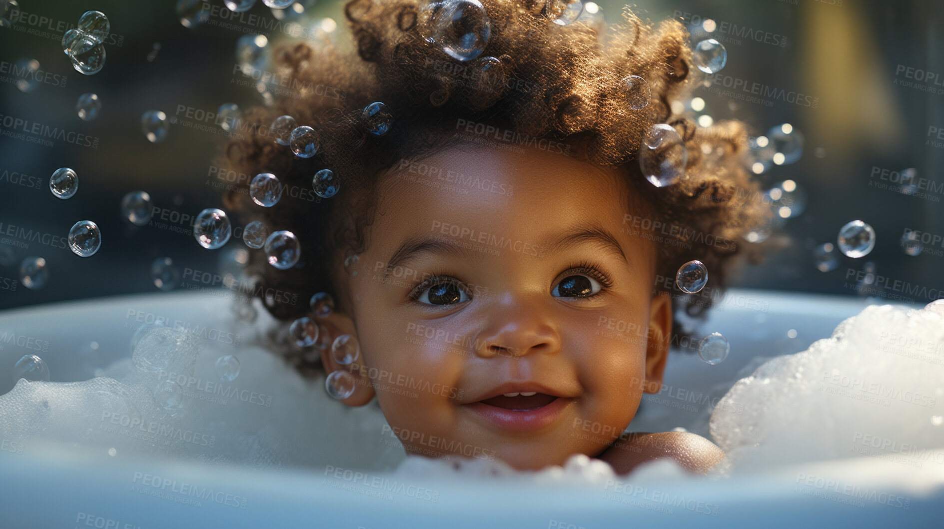 Buy stock photo Smiling toddler bathes in bathtub with foam and bubbles. Happy baby bath time