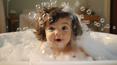 Toddler bathes in bathtub with foam and bubbles. Happy baby bath time
