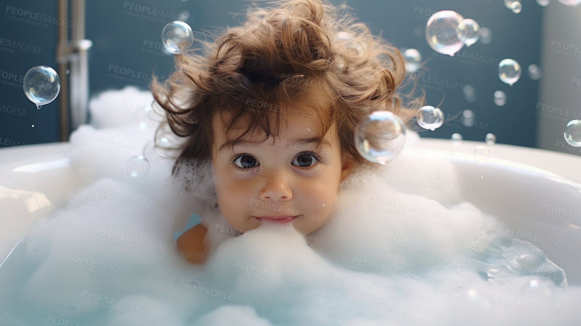 Buy stock photo Toddler bathes in bathtub with foam and bubbles. Happy baby bath time