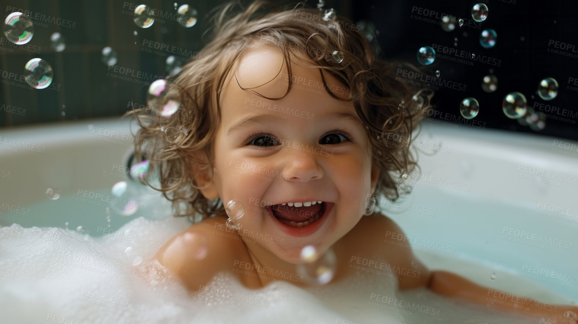 Buy stock photo Smiling toddler bathes in bathtub with foam and bubbles. Happy baby bath time