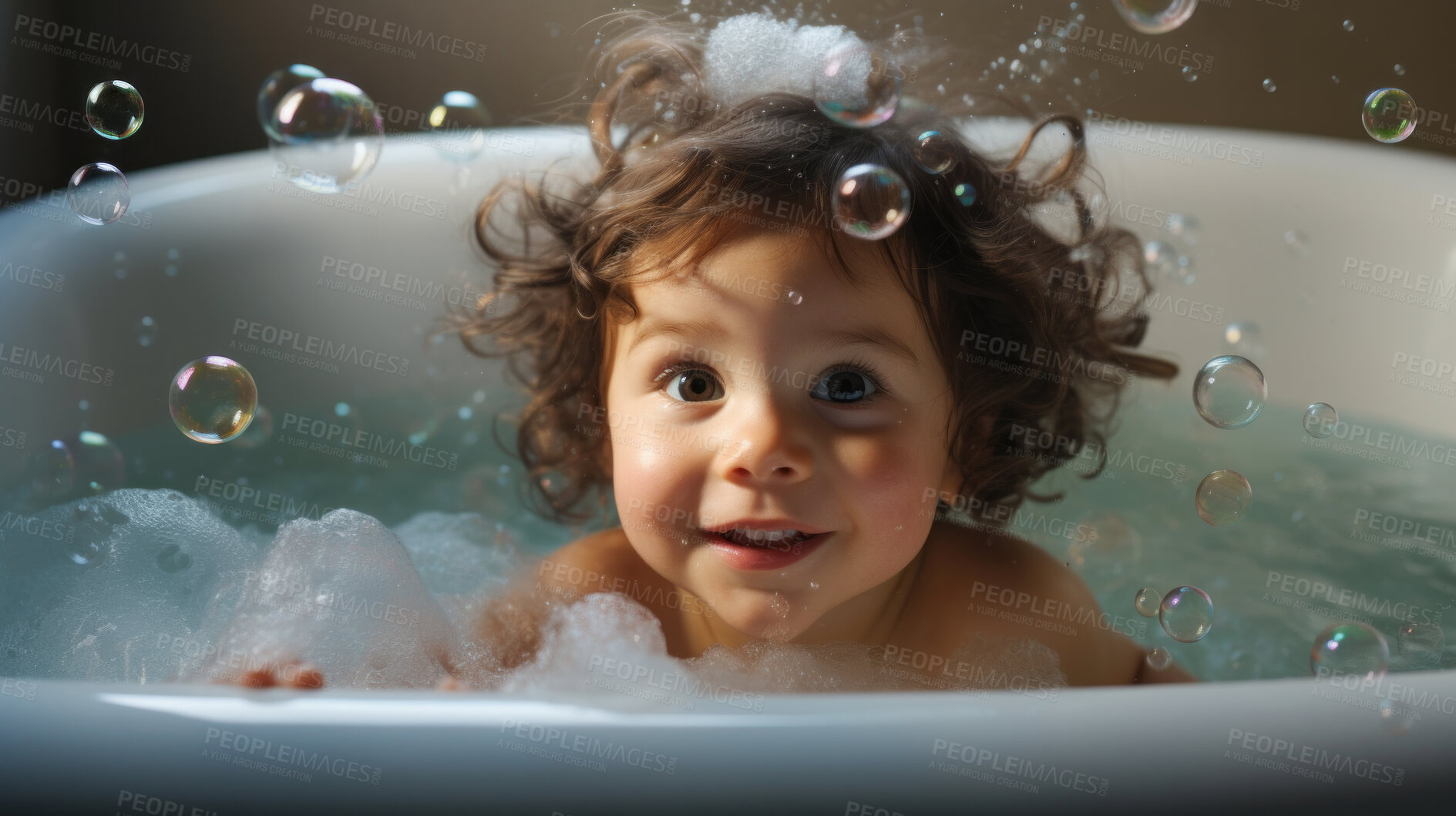 Buy stock photo Smiling toddler bathes in bathtub with foam and bubbles. Happy baby bath time