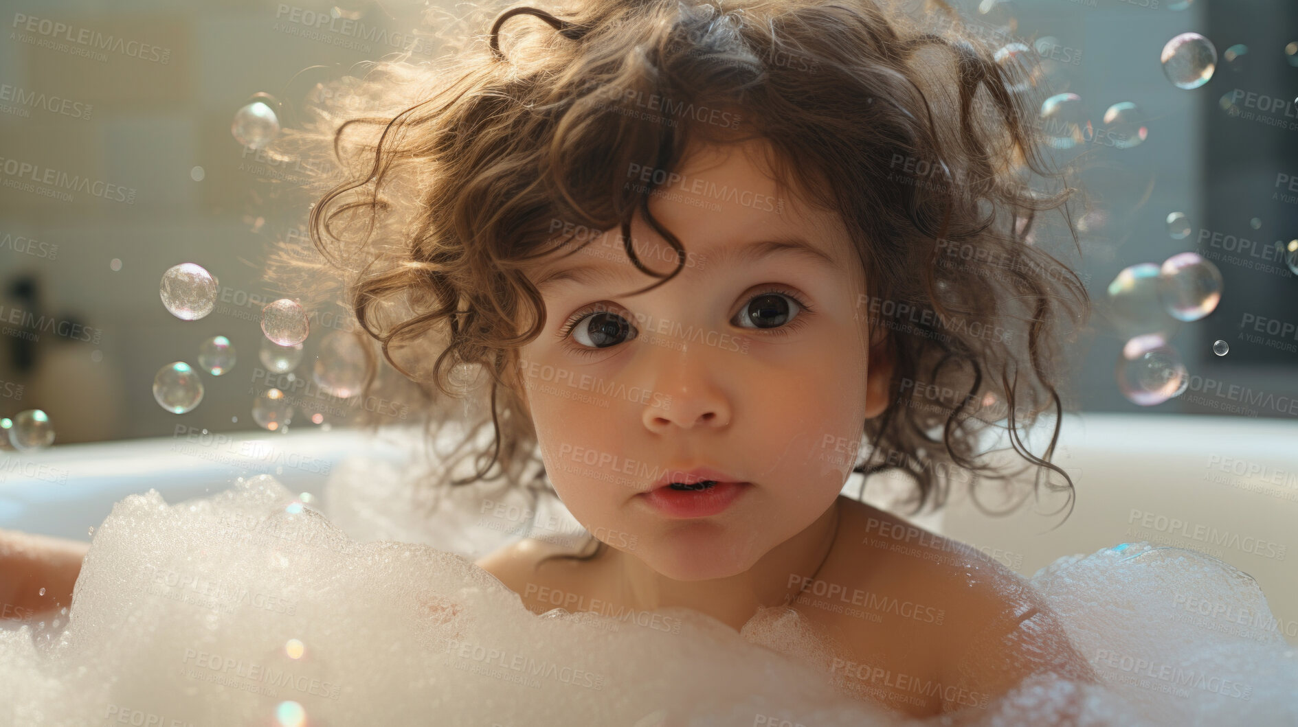 Buy stock photo Toddler bathes in bathtub with foam and bubbles. Happy baby bath time