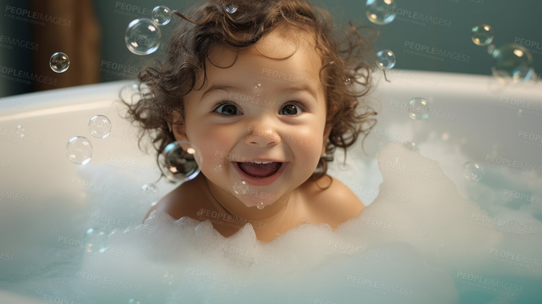 Buy stock photo Smiling toddler bathes in bathtub with foam and bubbles. Happy baby bath time