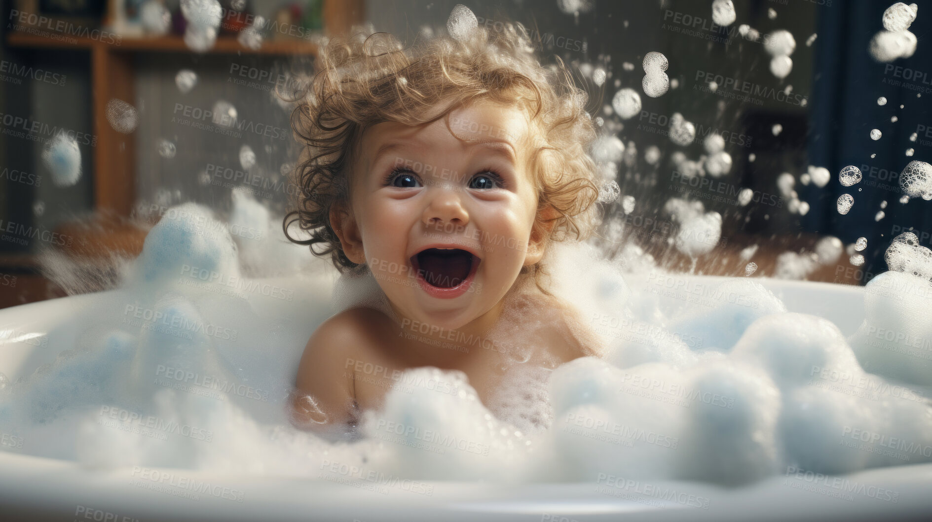 Buy stock photo Smiling toddler bathes in bathtub with foam and bubbles. Happy baby bath time