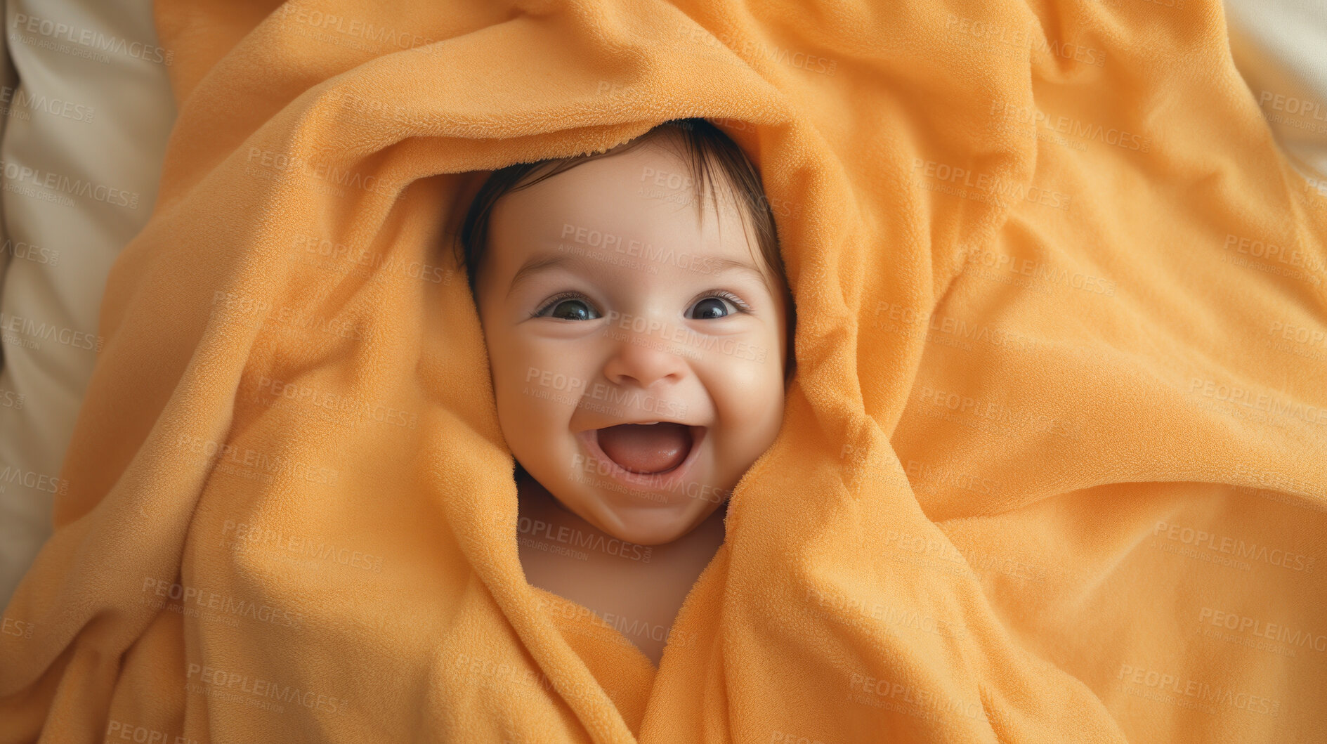 Buy stock photo Portrait of a happy baby wrapped in a towel or blanket. Toddler smiling after bath time